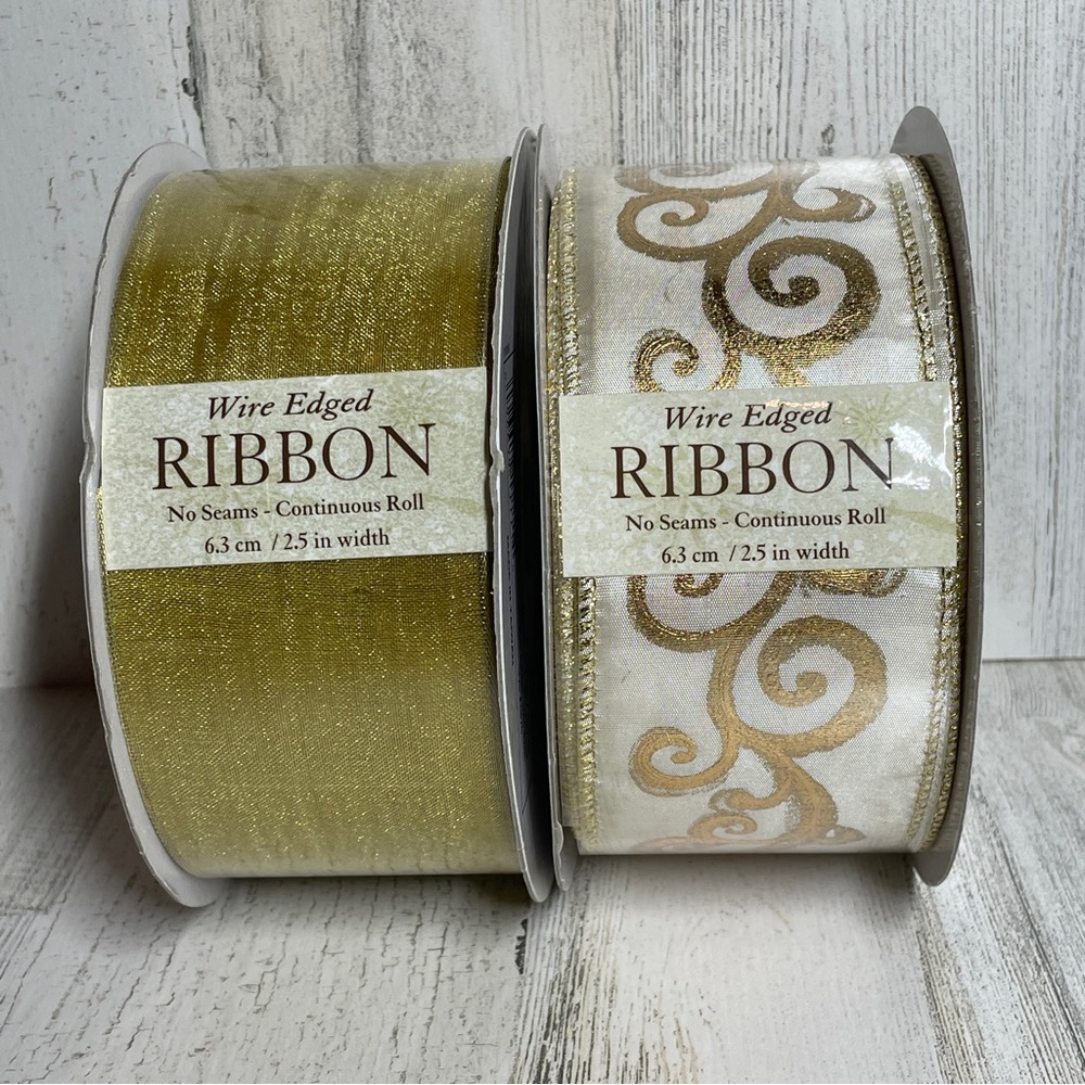 CHRISTMAS RIBBON WIRED GOLD AND GOLD & WHITE SPARKLY KIRKLAND NEW